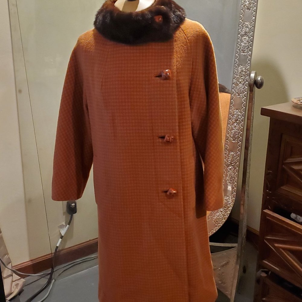 Vintage orange, plaid coat with fur collar
